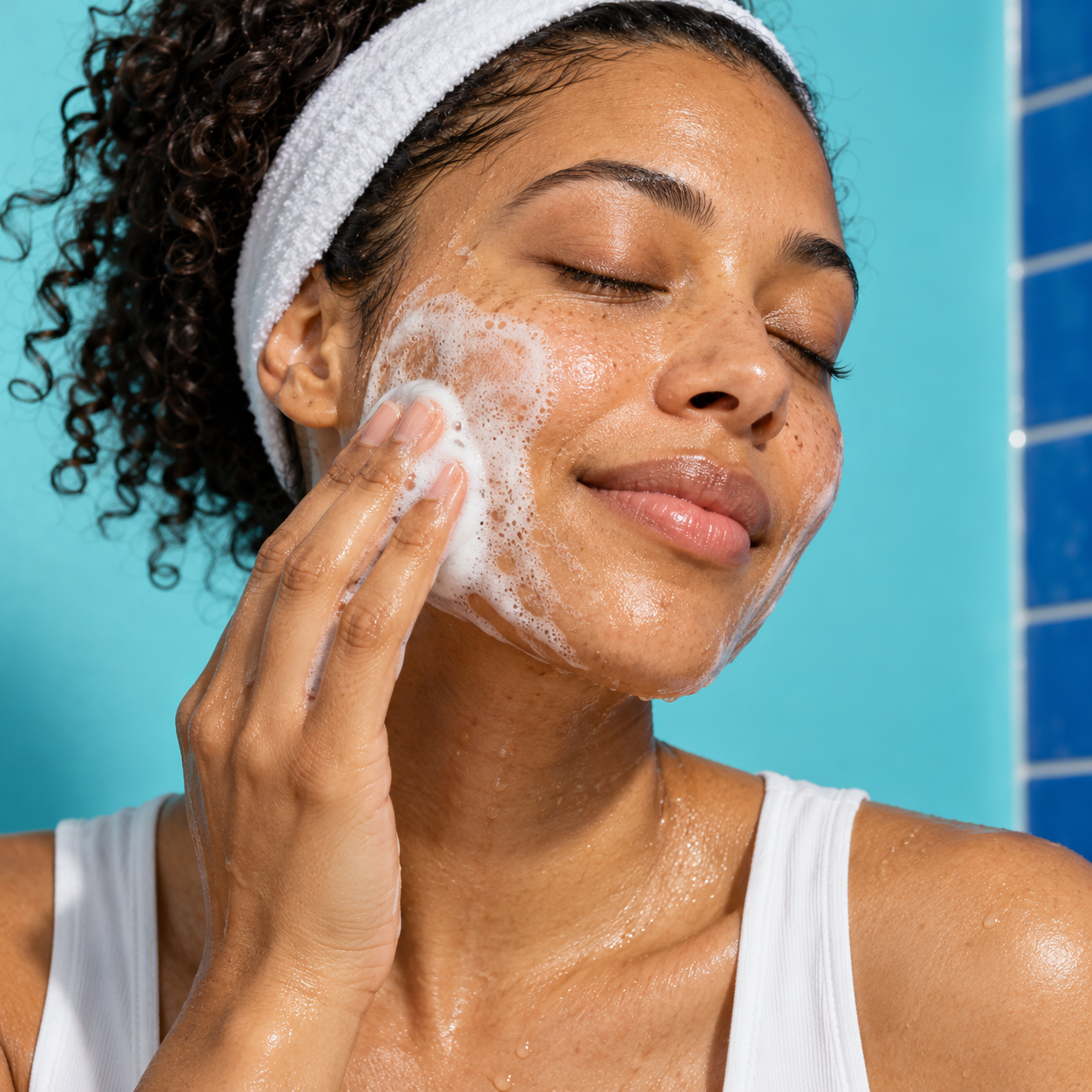 Woman lathering a face wash with her eyes closed