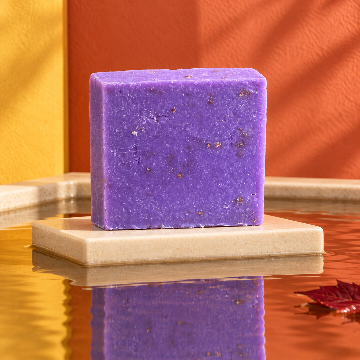 Reflection goat's-milk soap bar, deep violet, on a stone tile over water