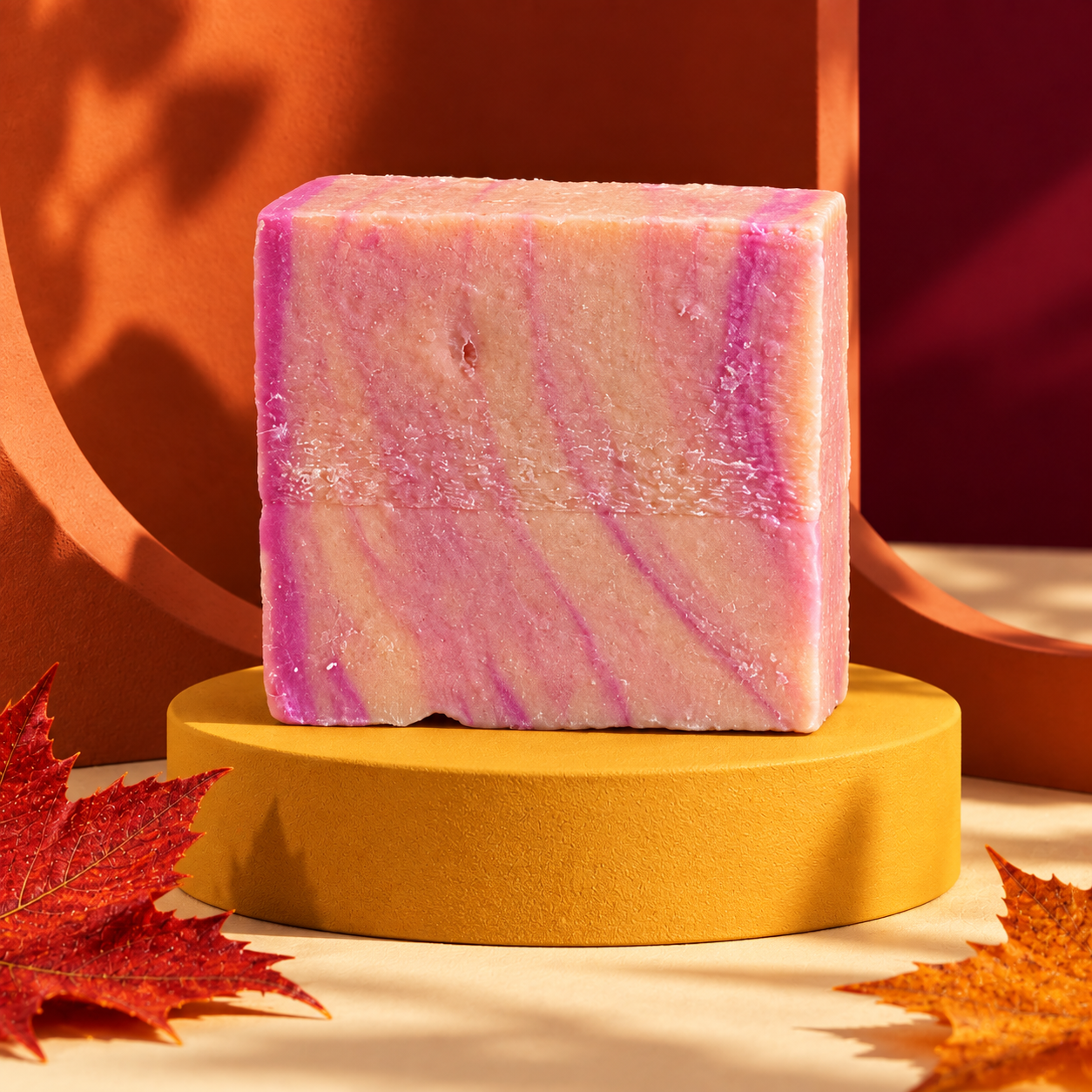 Hideaway goat's-milk soap bar, hand-swirled pink and marigold