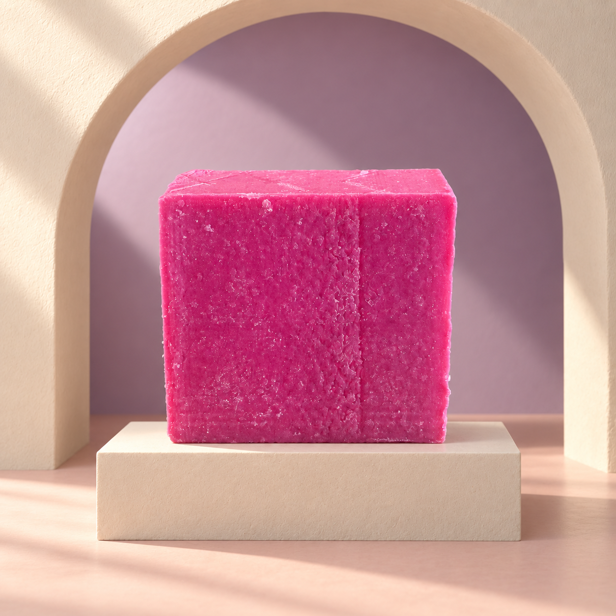 Sanctuary goat's-milk soap bar, berry pink, on a cream pedestal