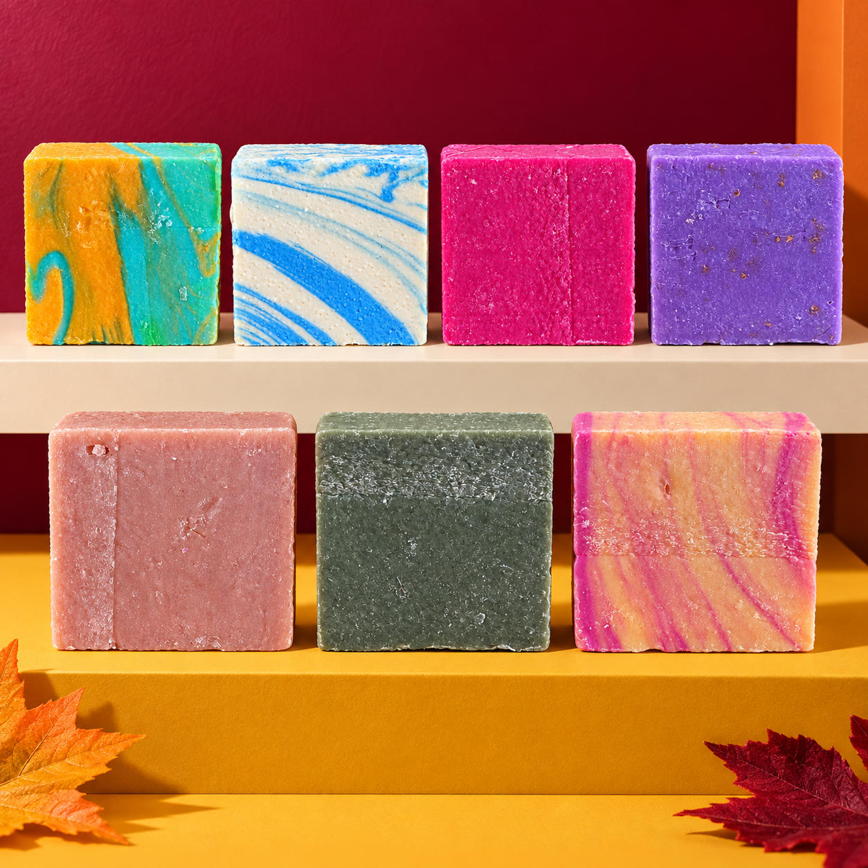 All seven Tyme fall goat's-milk soap bars on marigold and cream shelves