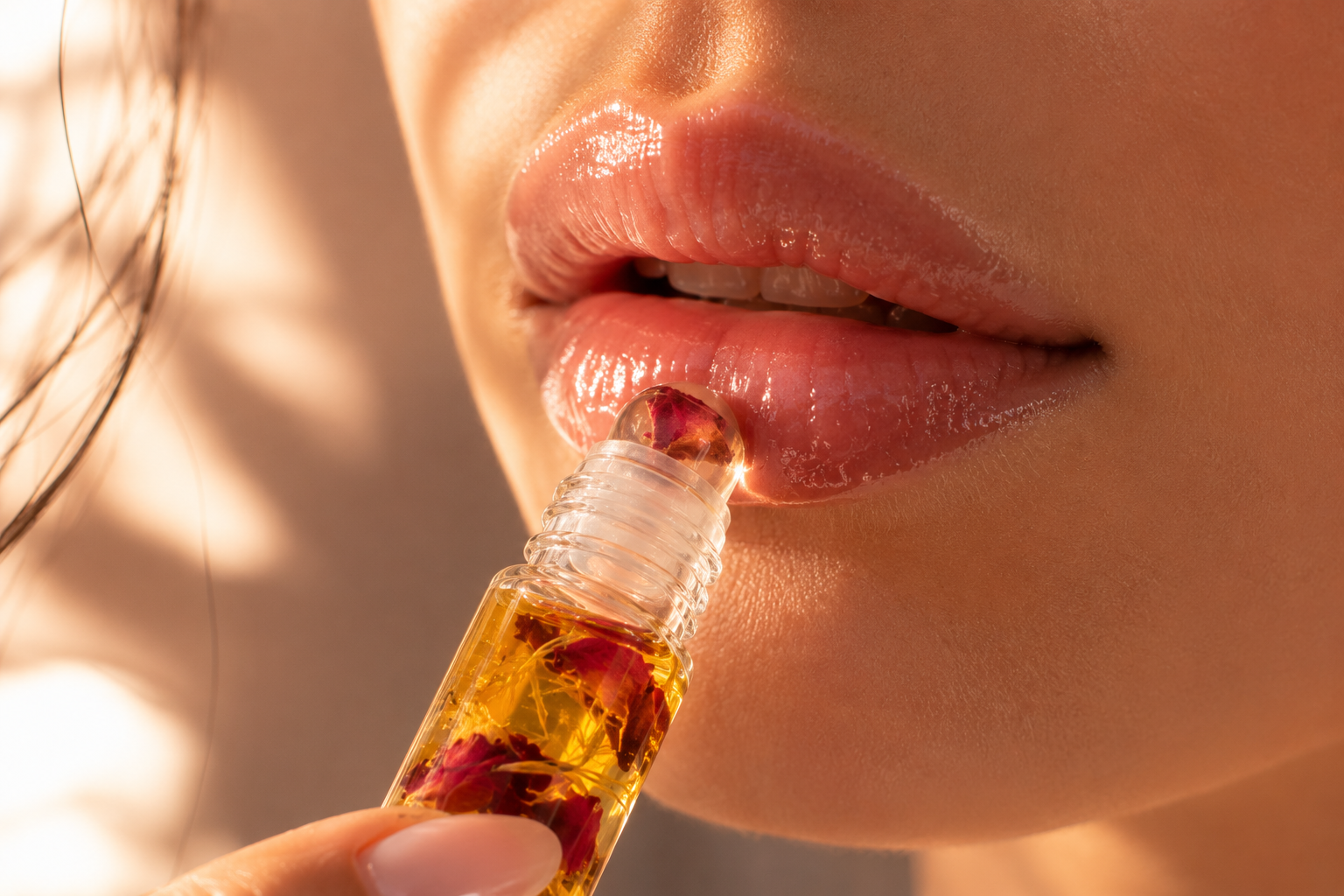 Tyme Soap Infused Lip Oil — amber glass roller bottle with rose, cornflower and calendula petals suspended in golden oil