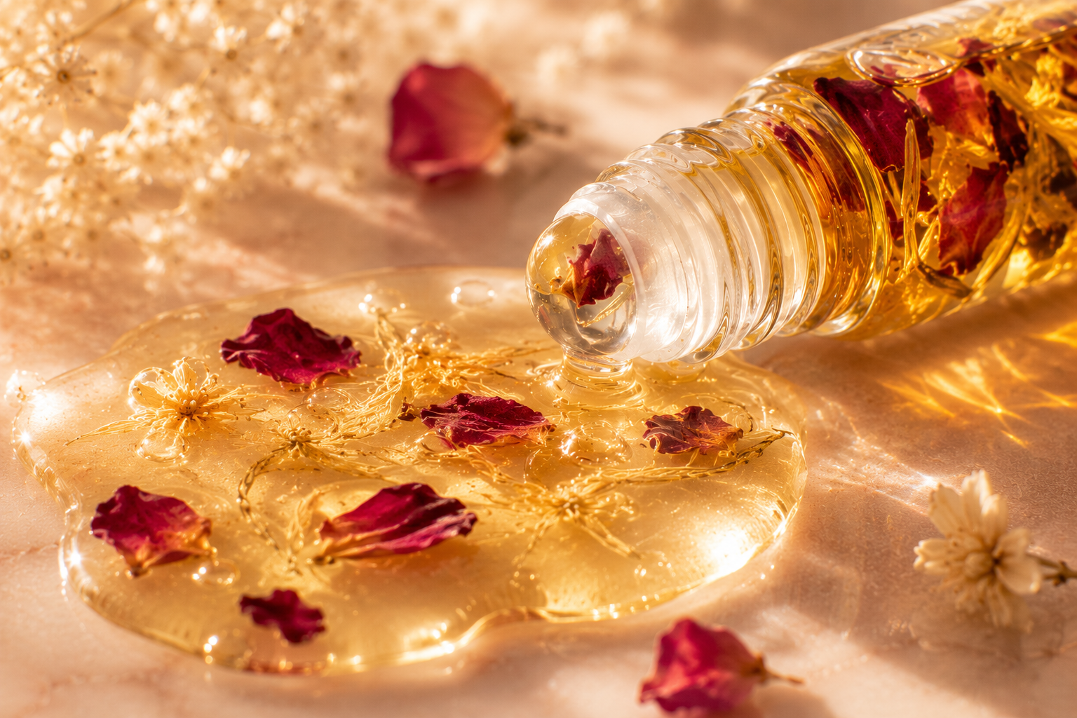 Infused lip oil styled with fresh botanicals and a soft golden glow
