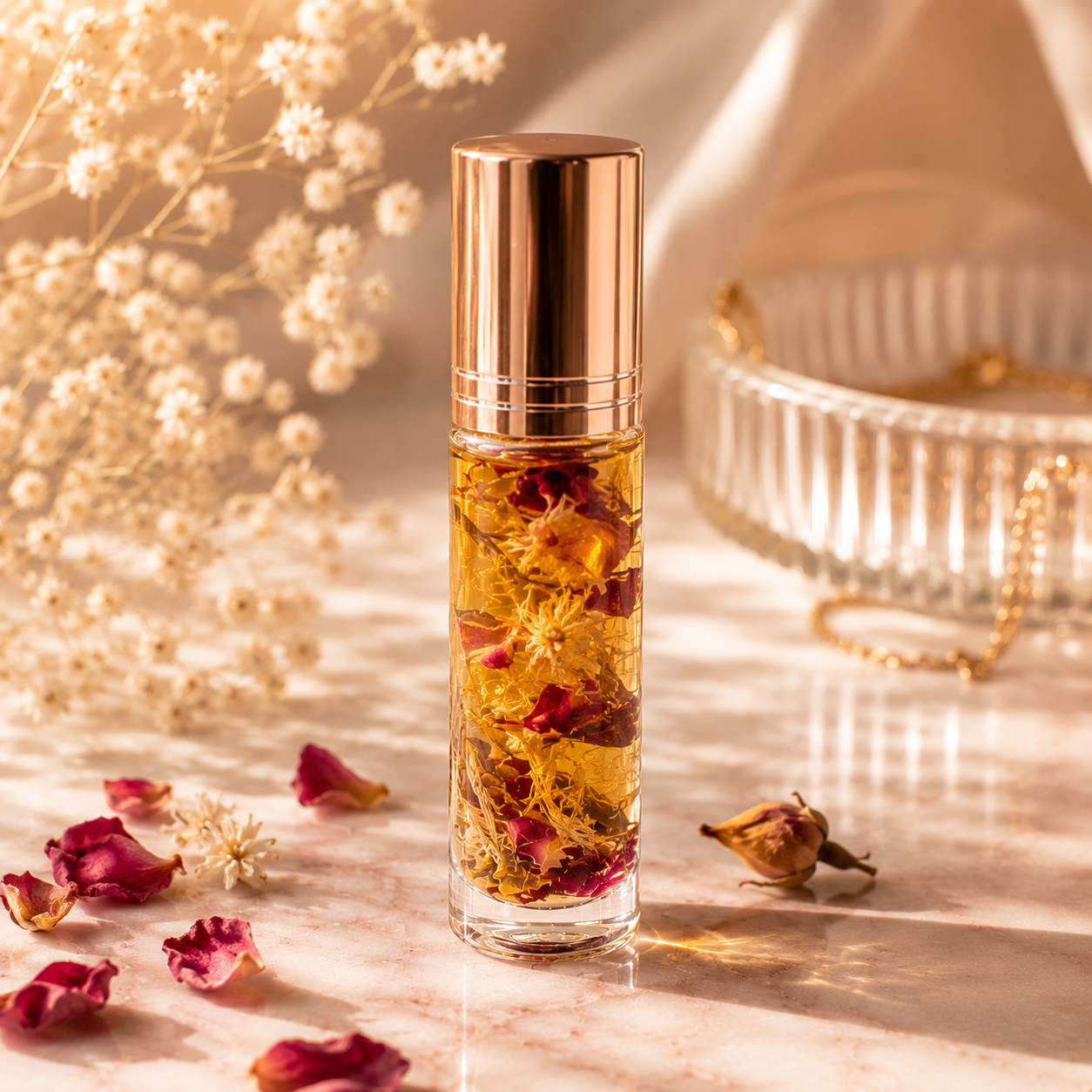Close-up of the infused lip oil with real botanical petals floating in golden oil