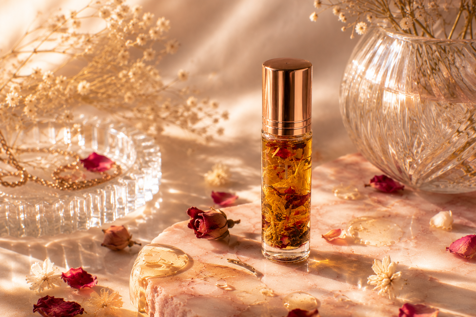Infused lip oil on a vanity, romantic and feminine styling
