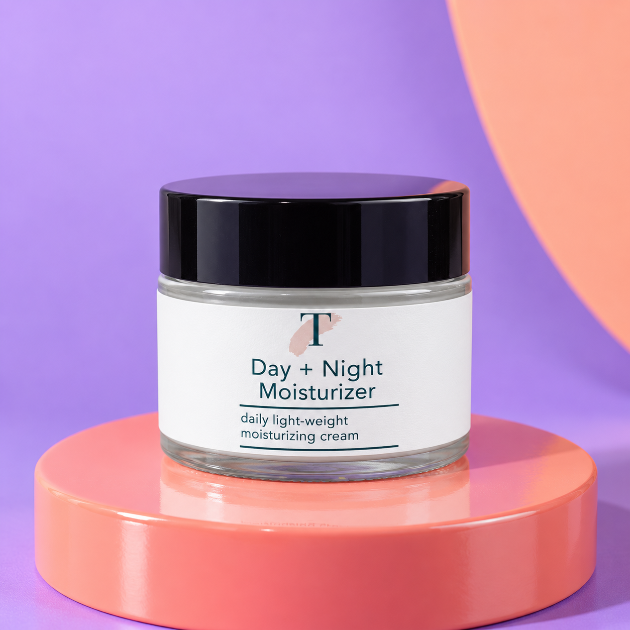 Day + Night Face Moisturizer jar on a coral pedestal