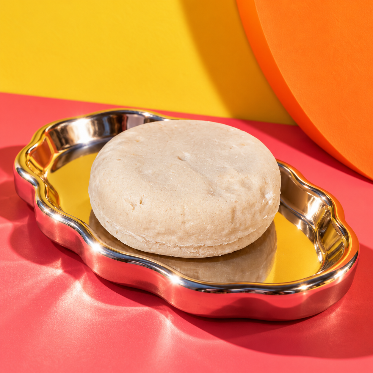 Endless Sunshine shampoo bar on a chrome tray